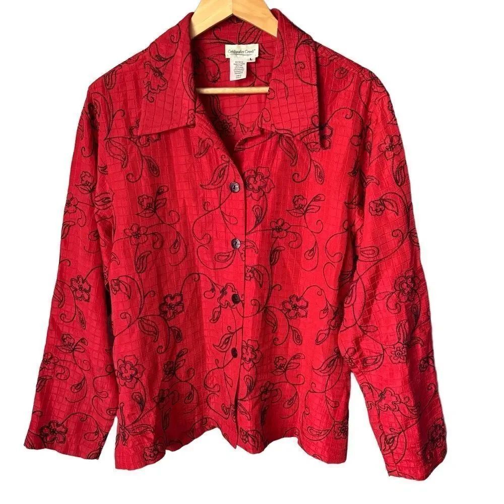 Coldwater Creek Silk L Red Embroidered Collared Button Down Quilted Jacket